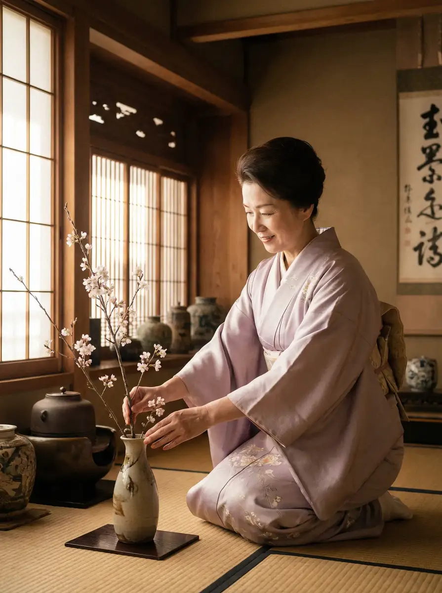 一位优雅的 51视频 在和室中插花